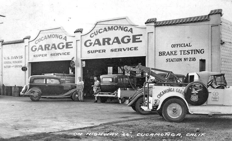 Vintage photograph of the Cucamonga Garage Super Service station on Highway 66